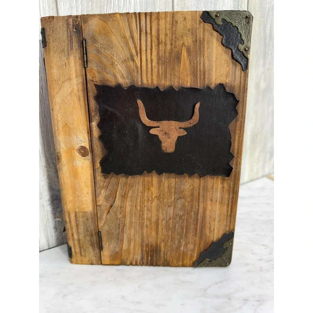Rustic Wooden Cowboy Book Box Western Longhorn Bull Storage Stash Decor 12in